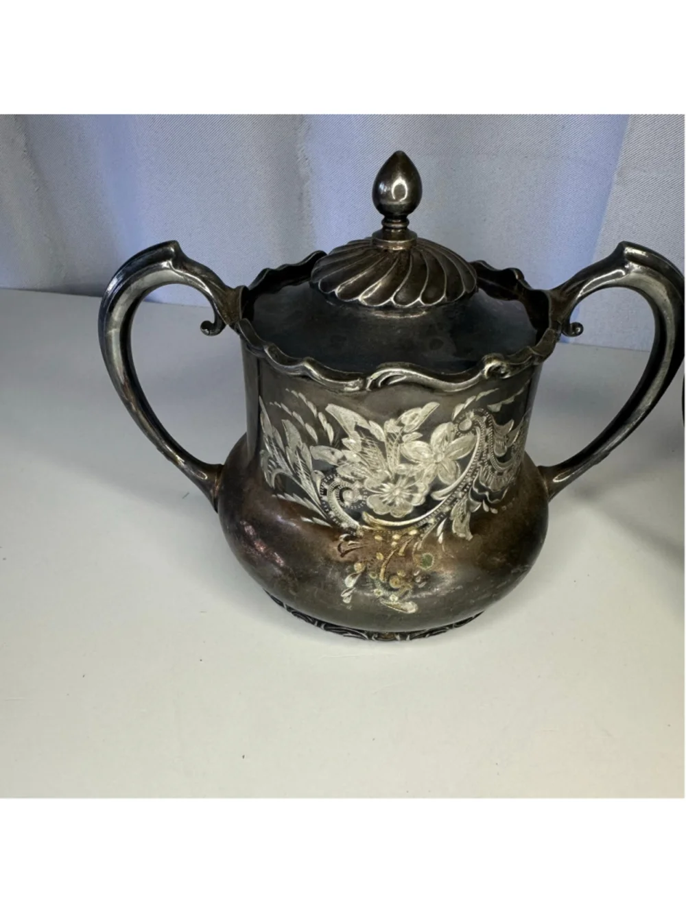 Antique Meriden B Company Quadruple Silverplate Sugar Bowl Set 132 Floral Etched